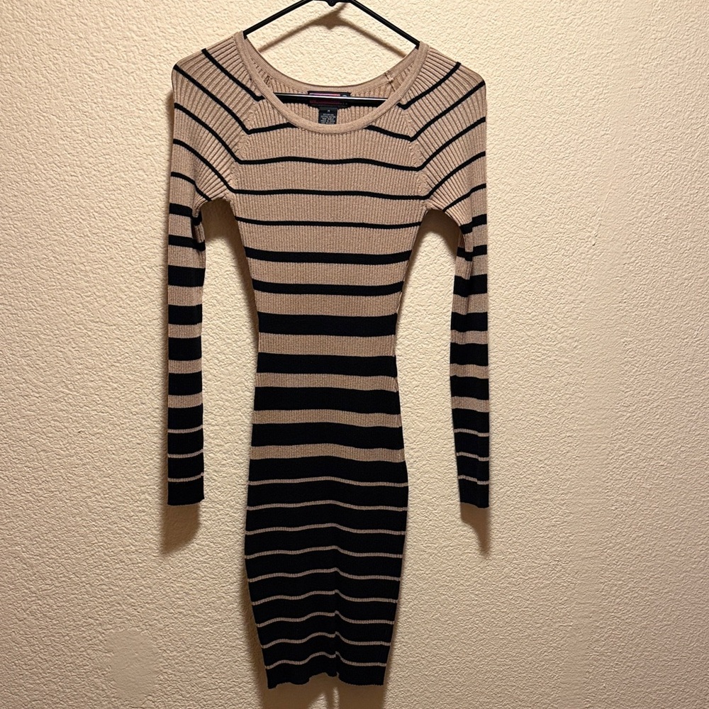 Say What? Black and Tan Striped Long Sleeve Dress